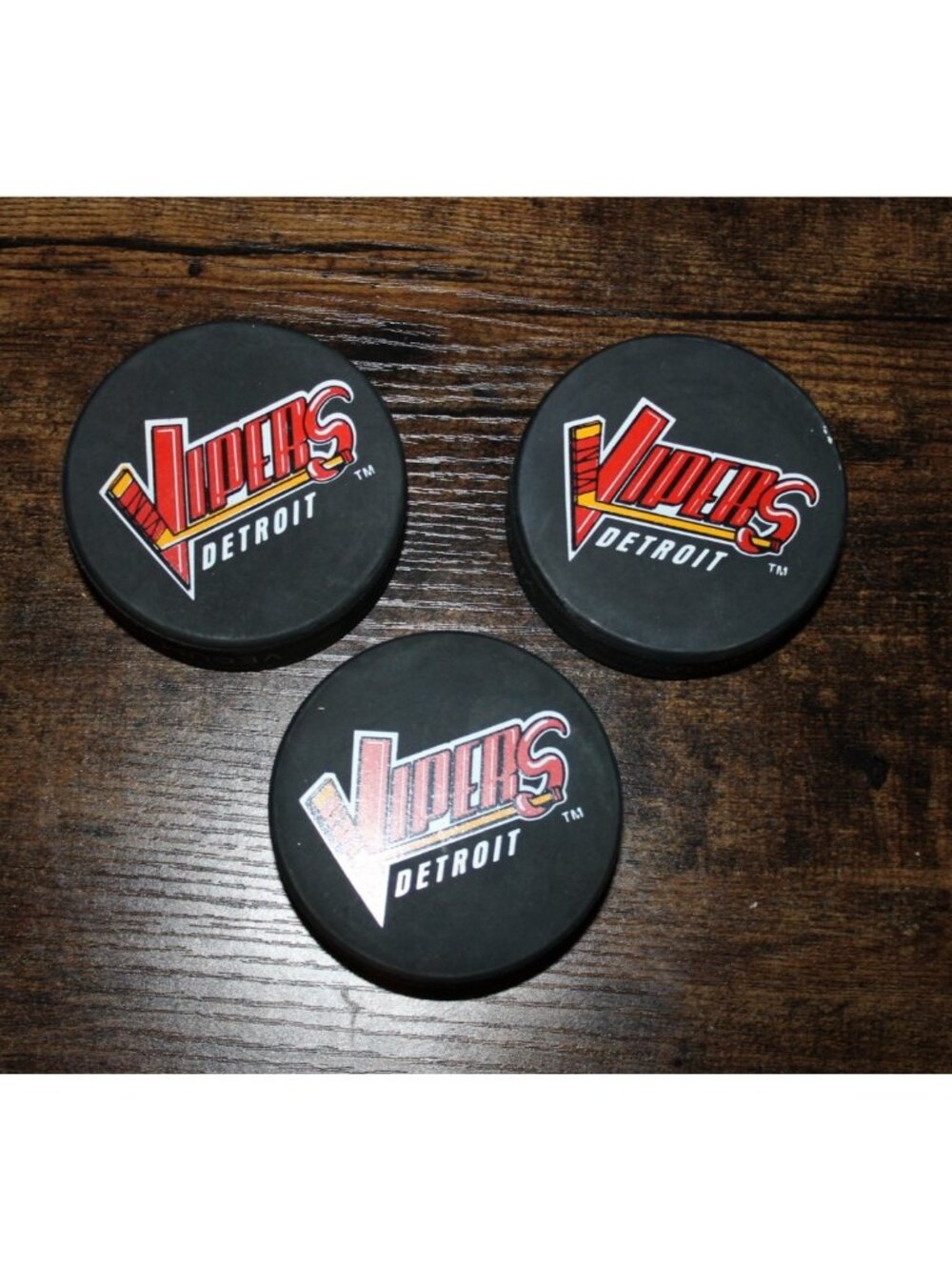 Lot Of 3 Detroit Vipers Hockey Pucks Red Cross On The Back Side